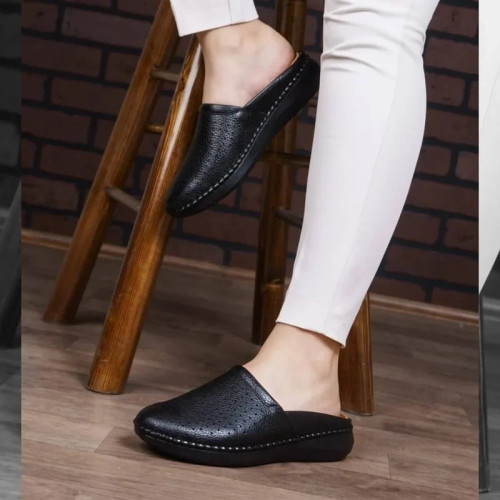 صندل دمپایی زنانه جلو بسته تمام چرم طبی دور دوخت