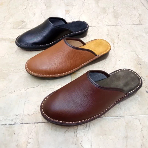 دمپایی مردانه چرم طبیعی مدل دورنگ